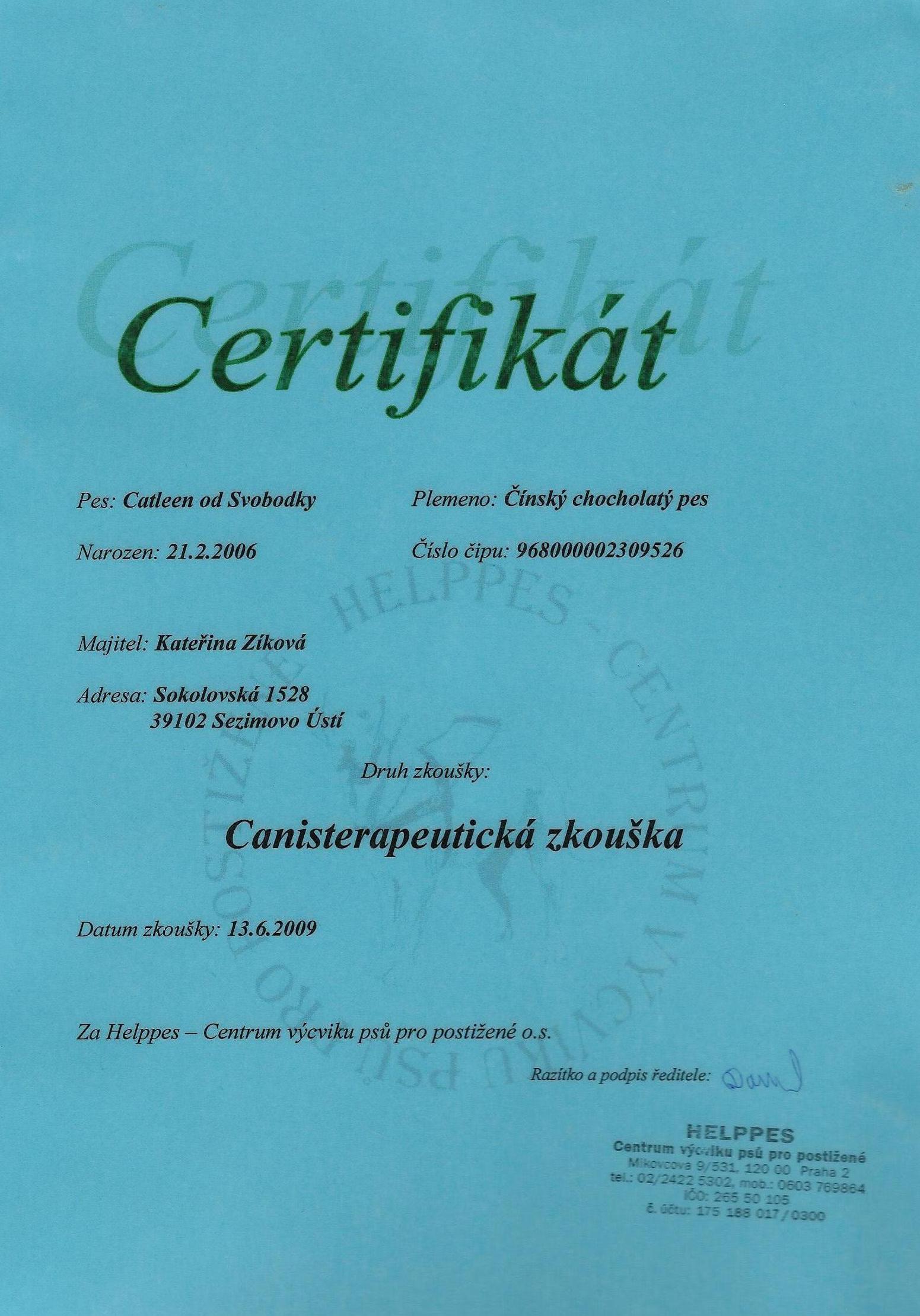 Certifikát Catleen